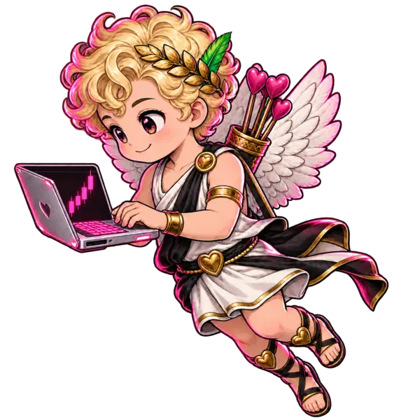Cartoon Eros with wings, a green feather and chart laptop